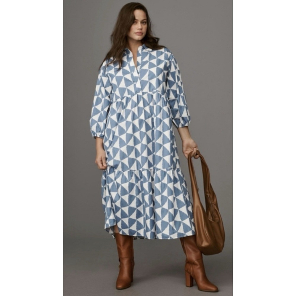Maeve Anthropologie The Bettina Tiered Shirt Dress Blue White Geometric - Picture 3 of 9